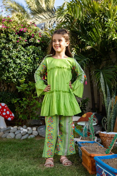 KAC-01681 | Parrot Green | Casual 2 Piece Suit  | Cotton Lawn Combo