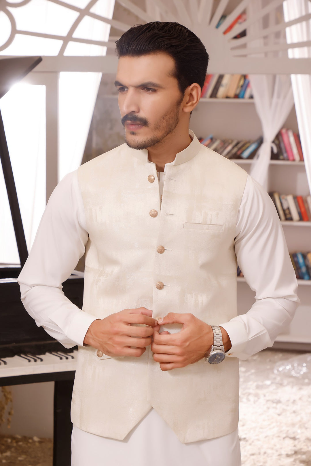 Off White Shalwar Kameez Men With Waistcoat Nikkah Groom Off White